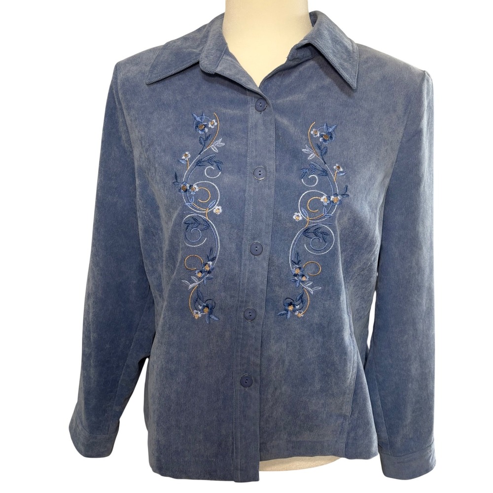 VTG Alia Blue Corduroy Floral Embroidered Button Down Shirt Womens Petite S